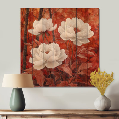 Pivoines et érable rouge - Décoration murale en bois de pivoines - sur bois de pin naturel