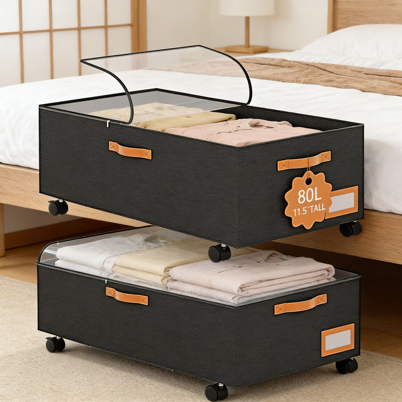 Under Bed Storage Container With Wheels And Clear Lid, Extra Tall 12-Inch XXL Rolling Storage Bin, 80L Large Capacity For Bedroom, Closet, Blankets, Shoes, And Toys