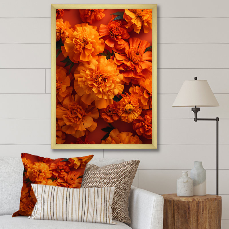 " Orange Marigolds Memory Unveiled ", 20" H x 12" W x 1" D, Gold Single Picture Framed