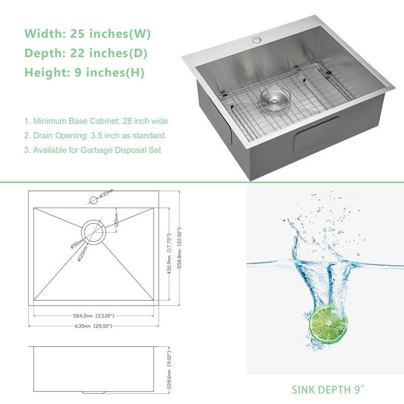 Évier de cuisine encastré 25 po à cuve simple en acier inoxydable de calibre 18 SUS304, Nickel brossé