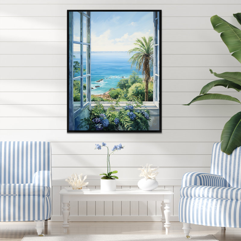 «Tropical Windows To The Beach I» - art mural de fenêtres côtières, H 32 po x l 24 po x P 1 po, Cadre flottant noir