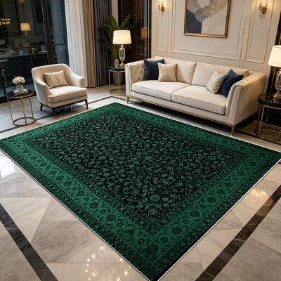 Tapis décoratif persan délavé à motif floral vert émeraude de 1 pièce pour le salon, doux et confortable, adapté à toutes les saisons, facile à entretenir, lavable à la machine, tapis de dessous de table convenant à la salle à manger, à la chambre à coucher