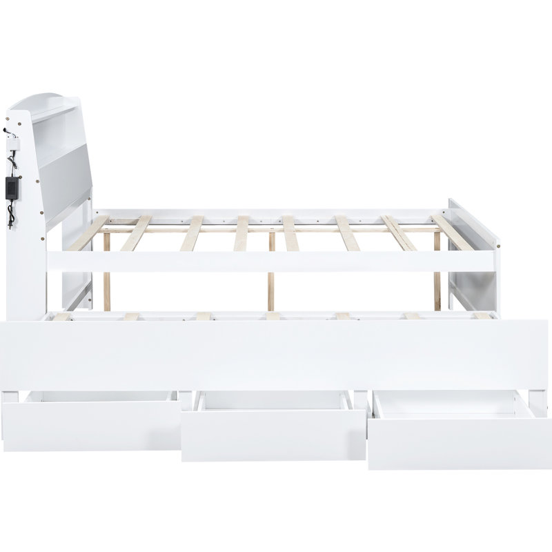 Lit double avec lit gigogne simple, tête de lit à DEL, 3 tiroirs, rangement, bois massif blanc et fabrication pour une expérience de sommeil gracieuse
