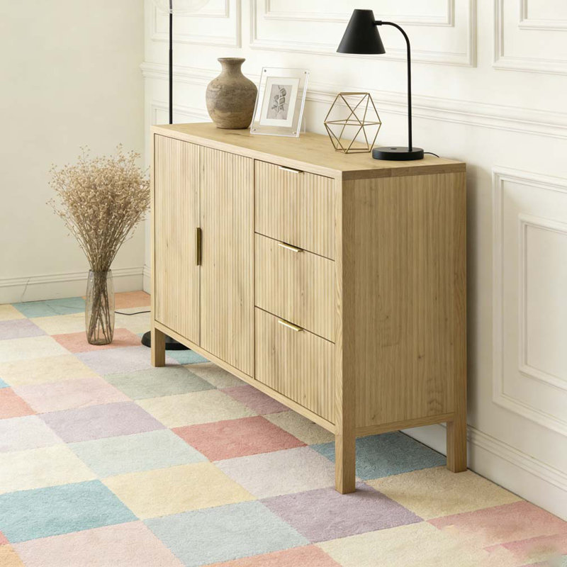 Buffet moderne à motif de vagues avec 3 tiroirs, Naturel