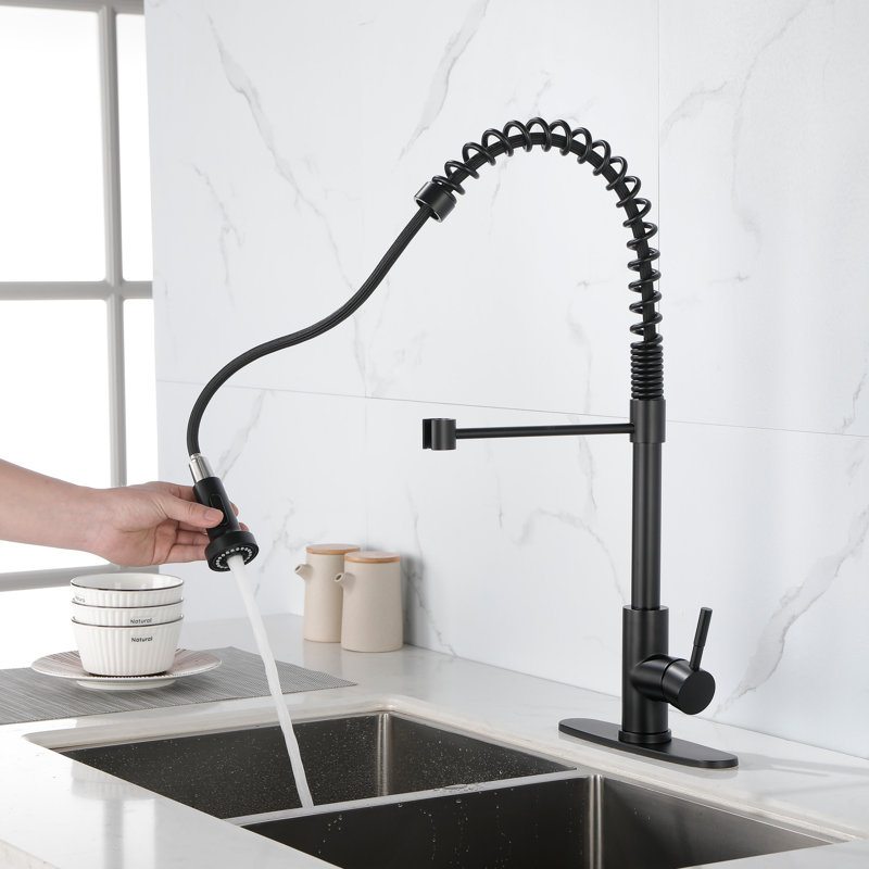 Spring Kitchen Faucet With Pull-Out Sprayer, Stainless Steel Single Handle Single Hole Kitchen Sink Faucet, Matte Black