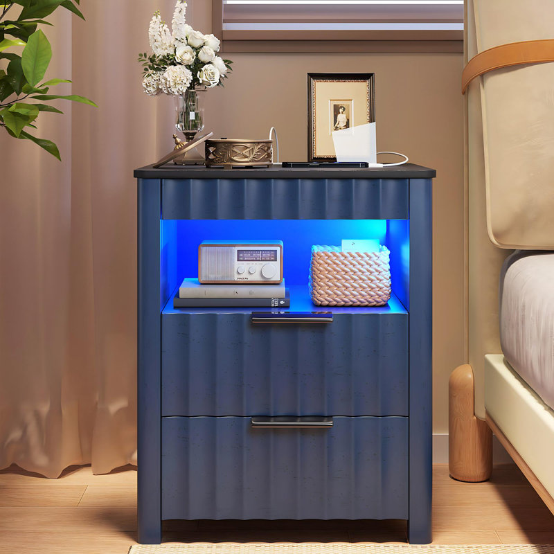  17.7'' W 2-Drawer Nightstand with LED Light and Charging Station, Navy