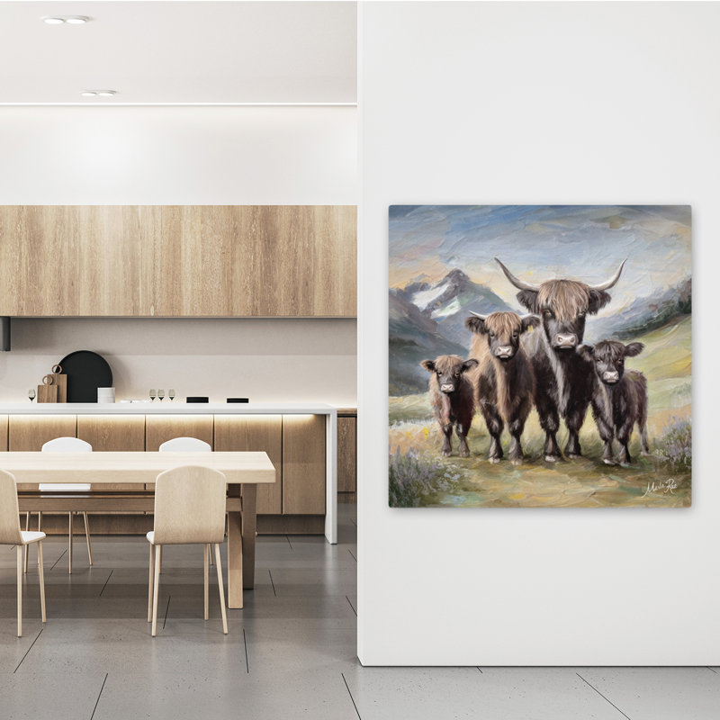 Highland Cow Family, art contemporain, H 48 po x l 48 po