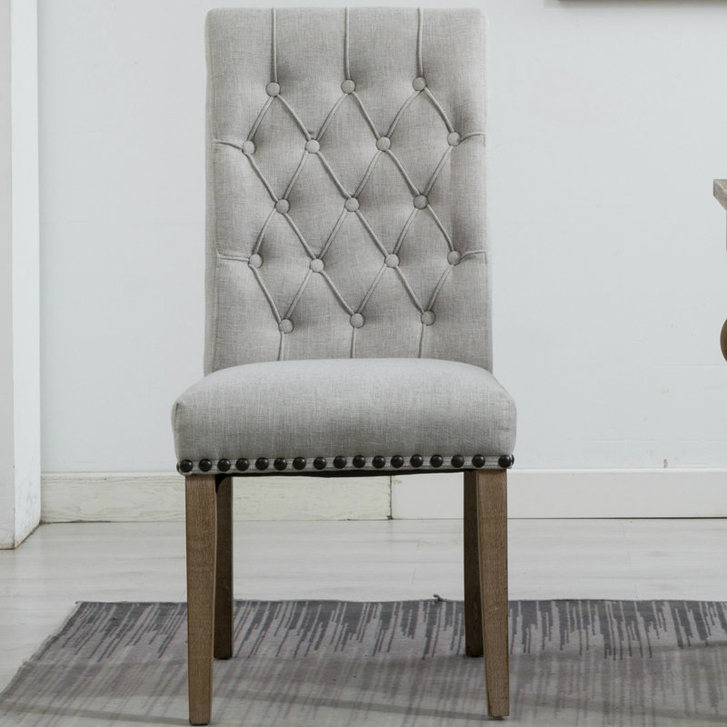 Laniya 20'' H Tufted Linen Upholstered Dining Chair, Gray, Brown
