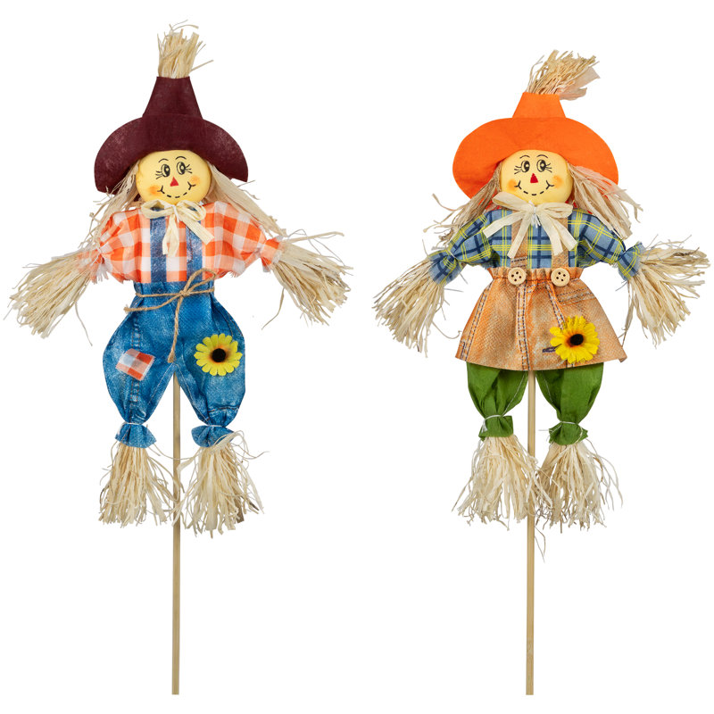 18" Boy and Girl Fall Harvest Scarecrow Picks in Orange and Blue