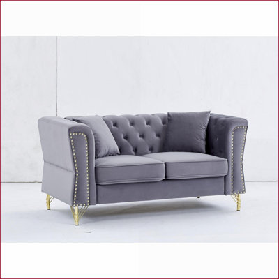 Canapés | Canapé capitonné en velours beige 60,2 po 2 places avec tête de clou et pieds en métal pour le salon / bureau / chambre à coucher | Velours