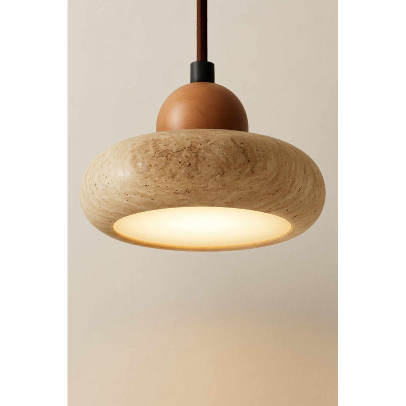 Elegant Adjustable Wooden Chandelier, Beige & Oak Finish, Ø5.9 x 2.0 inches Cap | Total Height: 5.5 ft | Stylish Travertine Cap | Perfect for Living Room & Dining Area Lighting | 220-240V, IP20 Rated