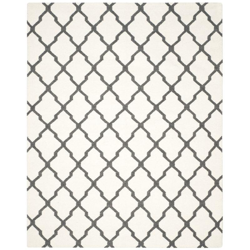 Rodgers Hand Woven Flat Weave Wool/Viscose/Cotton Geometric Rug in Ivory/Charcoal, Rectangle 8' x 10'