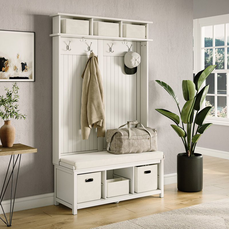 John Louis Home Solid Wood Hall Tree with Shoe and 2 Bin Storage, White