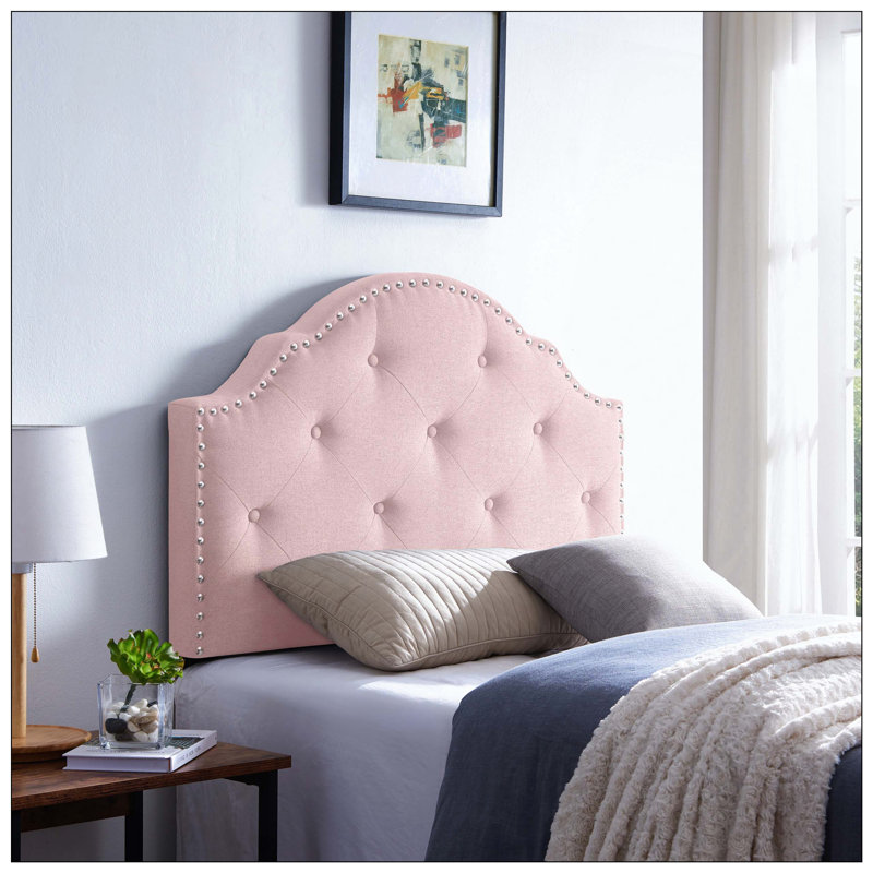 Tufted Headboard With Durable Metal Legs Adjustable Height Nailhead Trim And Modern Button Tufted Fabric For Bedroom, Blush