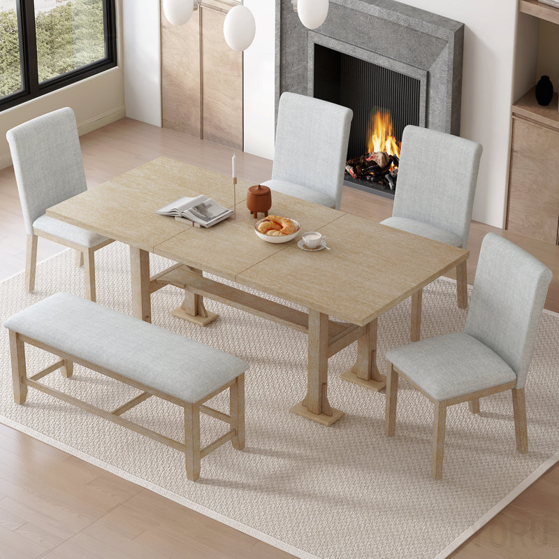 Ensemble de table de salle à manger extensible Farmhouse avec rallonge amovible, chaises rembourrées et banc pour une assise polyvalente et un design élégant