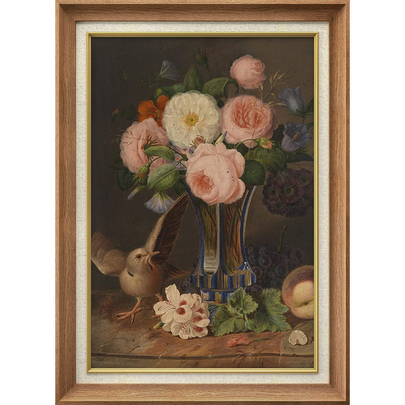 Bouquet de fleurs et oiseau - peinture sur toile encadrée, Naturel