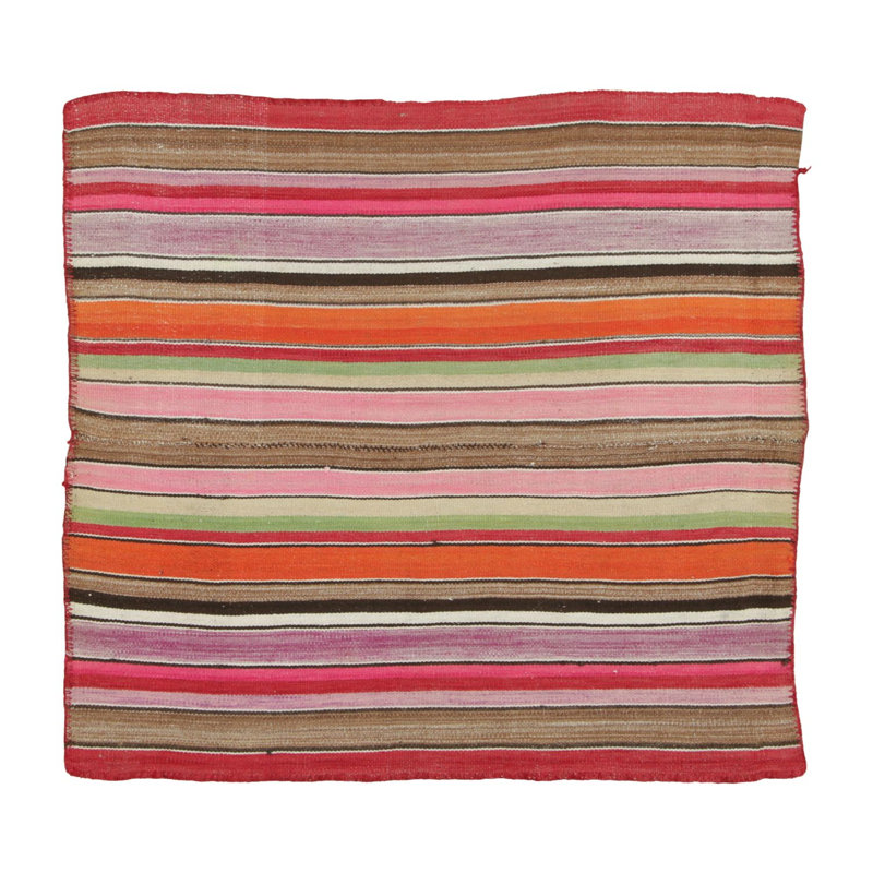 Vintage Frazada Square Kilim In Vibrant Polychrome Striped Pattern - Rug & Kilim