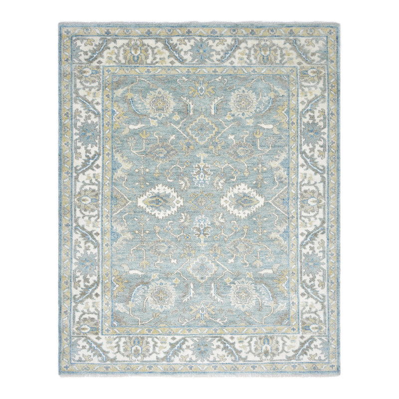 Tapis oriental bleu clair en laine noué à la main Kendon, Rectangle 8 pi x 10 pi