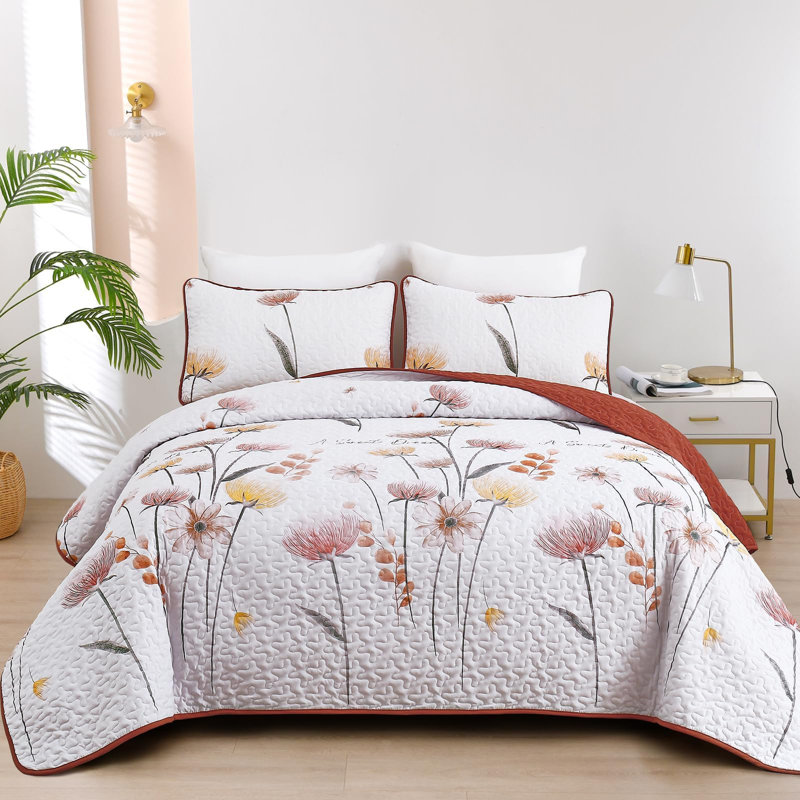 3 Pieces Floral Quilt Set Lightweight Farmhouse Style Coverlet Sets For All Season, Burnt Orange, King Quilt + 2 King Shams