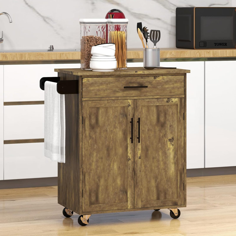 Kitchen Island Cart Rolling Trolley Cart With Drawer, Storage Cabinet & Towel Rack, Brown