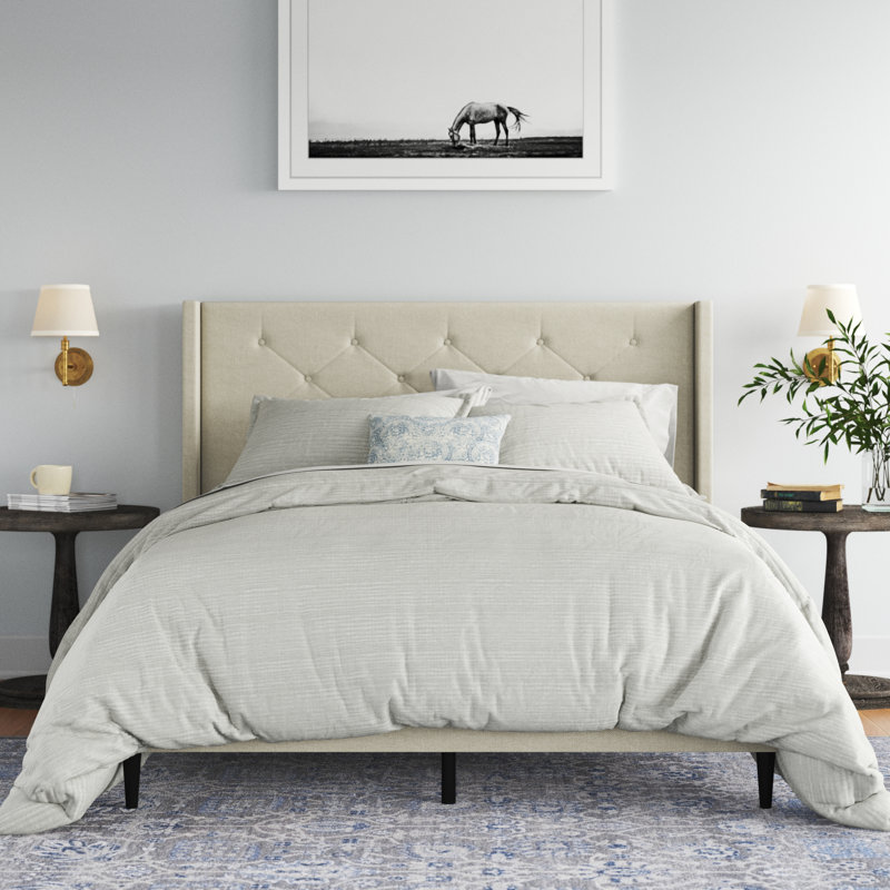 Amiliya Upholstered Wingback Bed, Beige, Queen