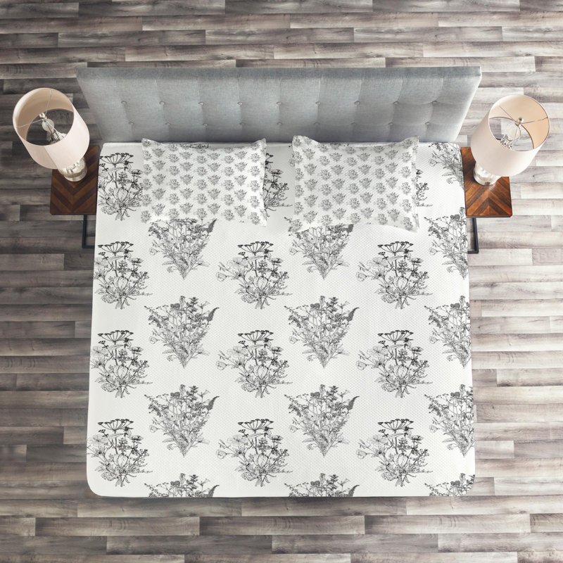 Eclectic Polyester Coverlet, King Bedspread + 2 Shams, Charcoal Gray Floral