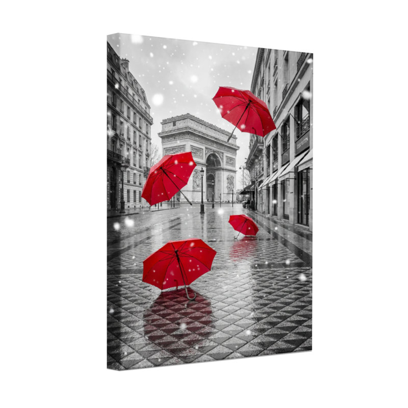 Parapluies rouges flottant dans la rue Paris, H 18 po x l 12 po