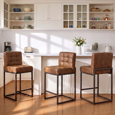 Modern Counter Height Bar Stools, 25 inch Checkered Wiring Thick Upholstered Barstools with Back Sturdy Metal Legs, Coffee Faux Leather Counter Stools for Kitchen Island (Set of 3)