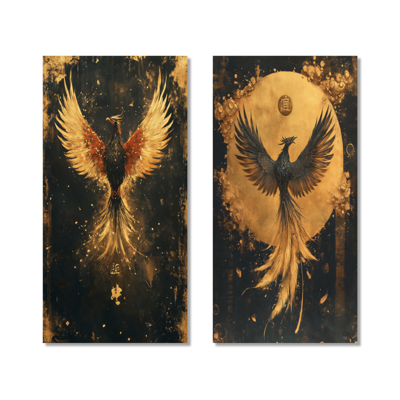 «Gold Phoenix Emblem I», ensemble de 2 impressions murales en métal surdimensionnées, 32" H x 32" W