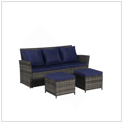 Ensemble de meubles de patio 3 pièces, ensemble de conversation de patio en rotin avec osier pour l'extérieur, ensemble de meubles en osier en PE toutes saisons avec deux repose-pieds pour porche, cour arrière, balcon