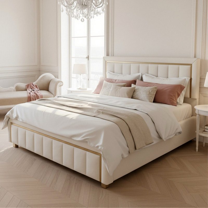 Velvet Ottoman Bed, Glam Upholstered Storage Frame With Trim, European King (160 x 200 cm), Beige