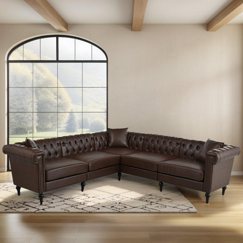 Canapé modulaire réversible en forme de L - Canapé 5 places en similicuir de style Chesterfield avec garniture cloutée pour le salon ou les grands espaces