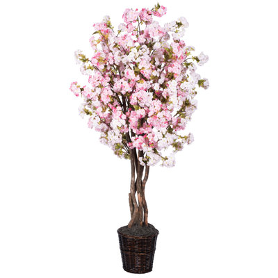  6.5' Artificial Pink Cherry Blossom Deluxe, Rattan Basket