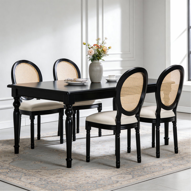 Ensemble de 2 chaises de salle à manger French Country, chaises rembourrées à dossier rond en rotin, pour le salon, la cuisine, le restaurant, structure en bois massif noir, tissu beige