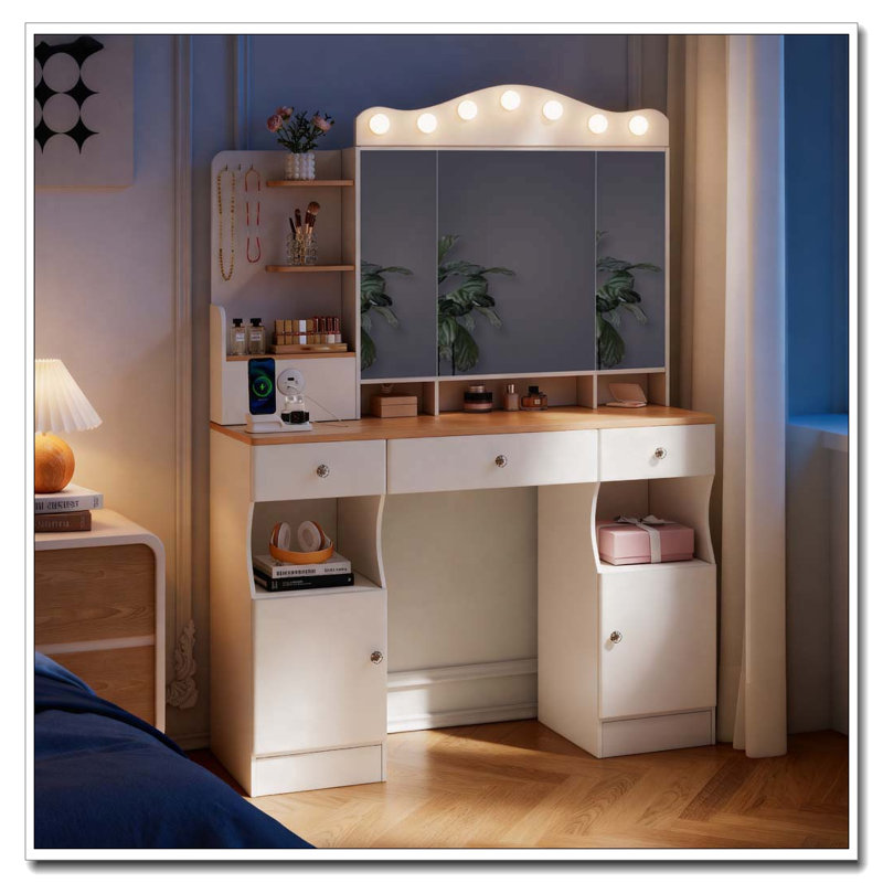 Vanity Desk with Mirror and Lights,Makeup Vanity with 2 USB Power Strip, Vanity Set with Three Drawers and Two Cabinet