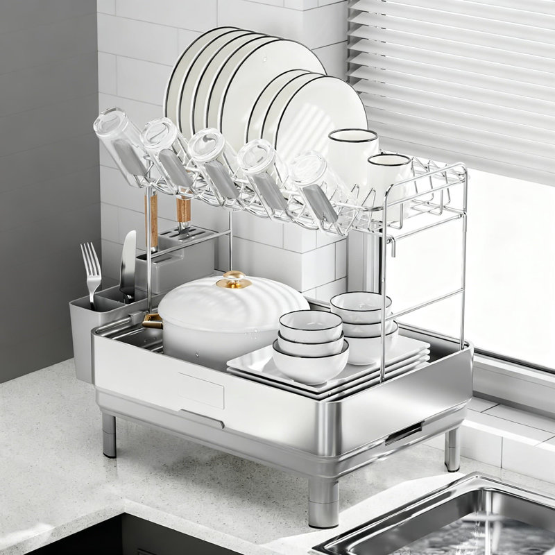Égouttoir à vaisselle à 2 niveaux en acier inoxydable avec drainage automatique, porte-ustensiles et rangement pour tasses, égouttoir de cuisine compact