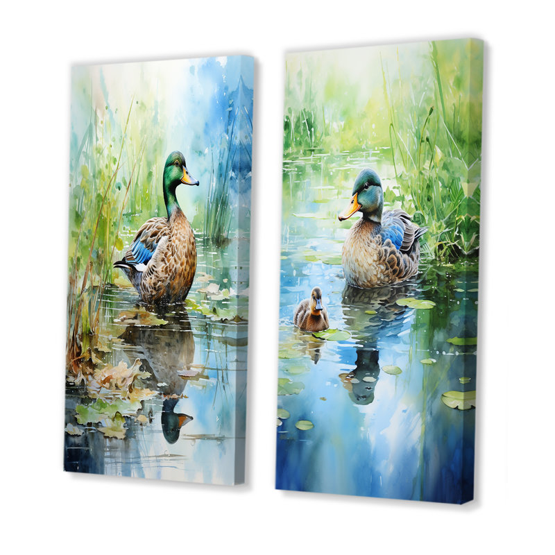 Duck Pond Reflections II - ensemble de 2 reproductions d'art mural canard, Toile tendue, H 32 po x l 33 po