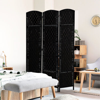 6' Tall Privacy Screen With Weave - Black. Stylish For . Artistic Design. 3 Panels, Convenient Hinge, Portable Folding Convenience Room Divider Partition Small Design . Easy Movement