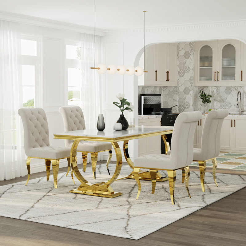 Ensemble de table de salle à manger de luxe blanc et doré avec chaises en velours blanc, 5