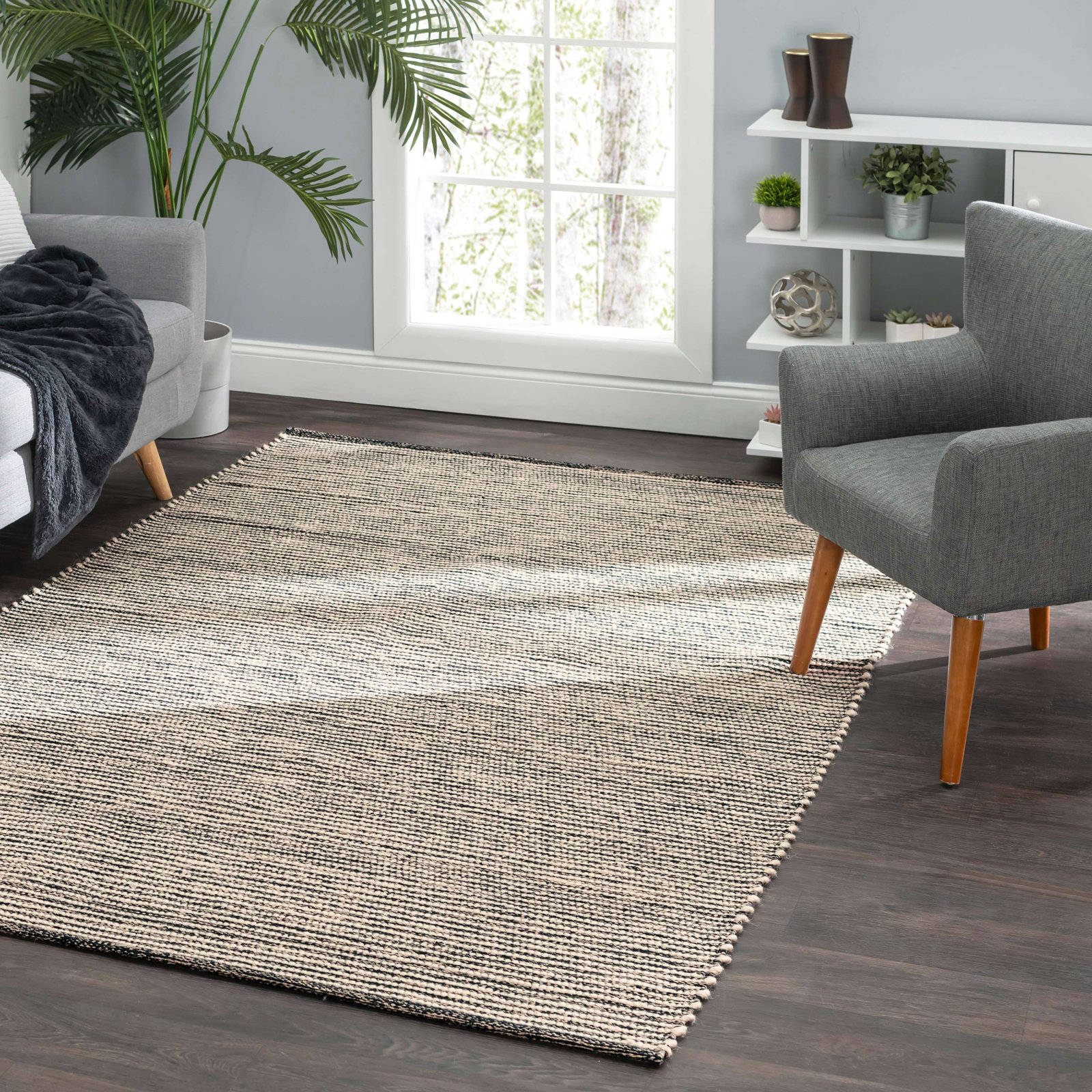 Mixed Stripe Blue/Ivory Handwoven Rug, Rectangle 5' x 8'