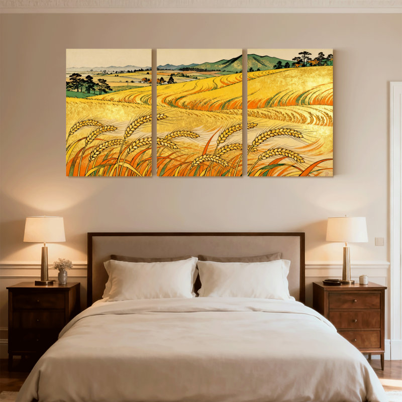 «Golden Wheat Field Landscape», ensemble de 3 reproductions d'art sur toile, H 30 po x l 60 po