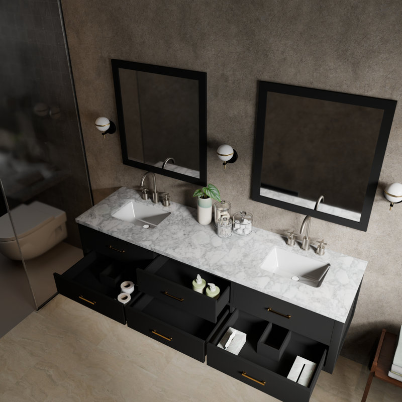 Ensemble de meuble-lavabo double 80 po, Marbre de Carrare blanc, Noir
