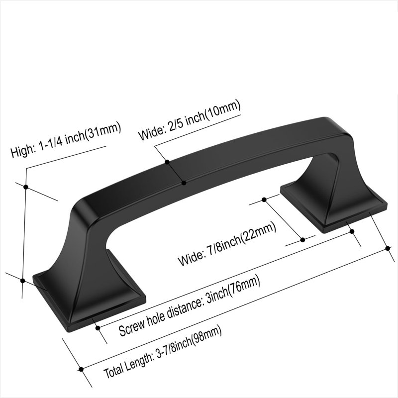 Paquet de 10 poignées à 3 trous (76 mm) avec passe-tringle noir mat pour armoires de cuisine et armoires