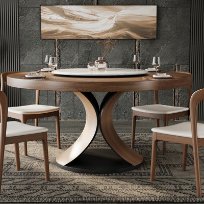 Walnut Tone Solid Wood Round Dining Table With Marble Removable Lazy Susan Tray