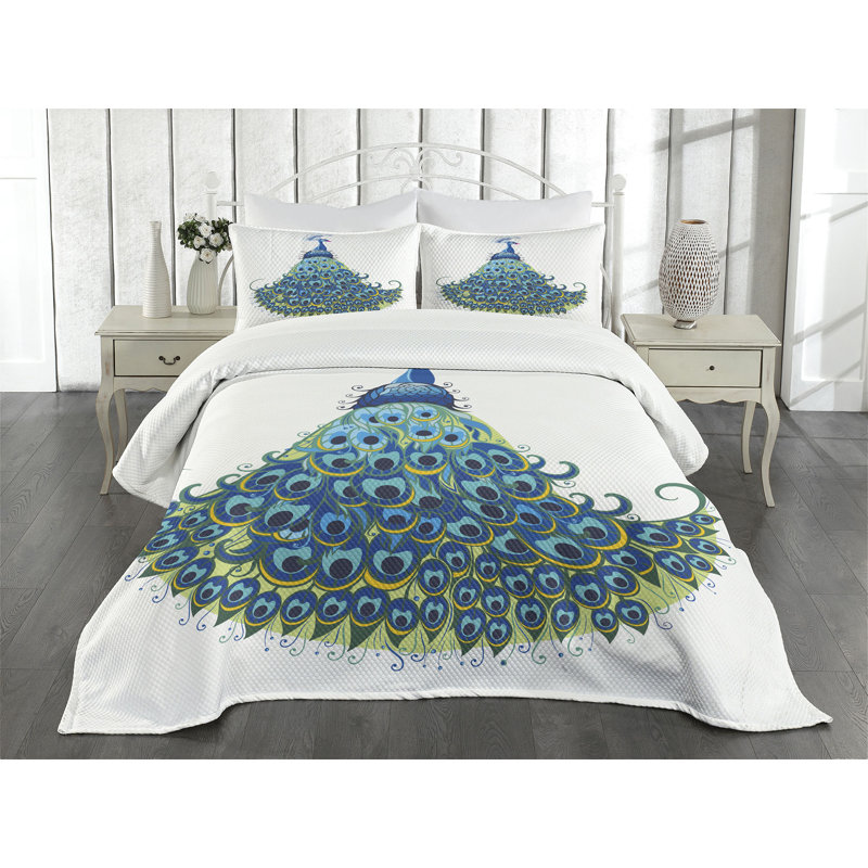 White Quilted Peacock Design Queen Bedspread Set