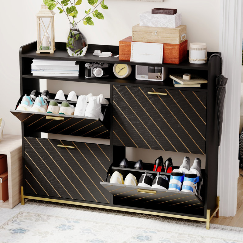 Rangement fonctionnel pour chaussures de couloir - armoire noire à 4 portes rabattables pour le vestibule, le salon, le porche en brun rustique et le couloir