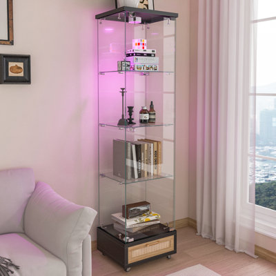 Modern Glass Display Cabinet With Drawer , Quick-Assembly Antique Cabinet With LED Lights, Tempered Glass Bookshelf,  1-Door Storage Case With 4 Shelves  For Living Room And Bedroom, Black And Natural, Sideboard