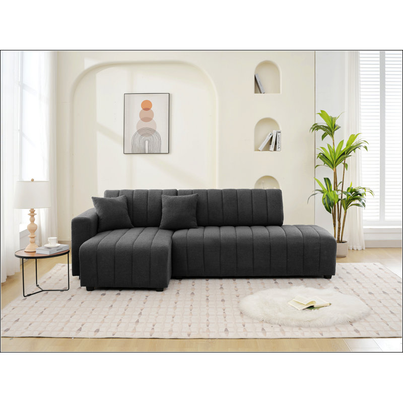 Canapé d'angle capitonné en forme de L avec coussins décoratifs, Orienté à gauche (vu de face), Laine gris foncé