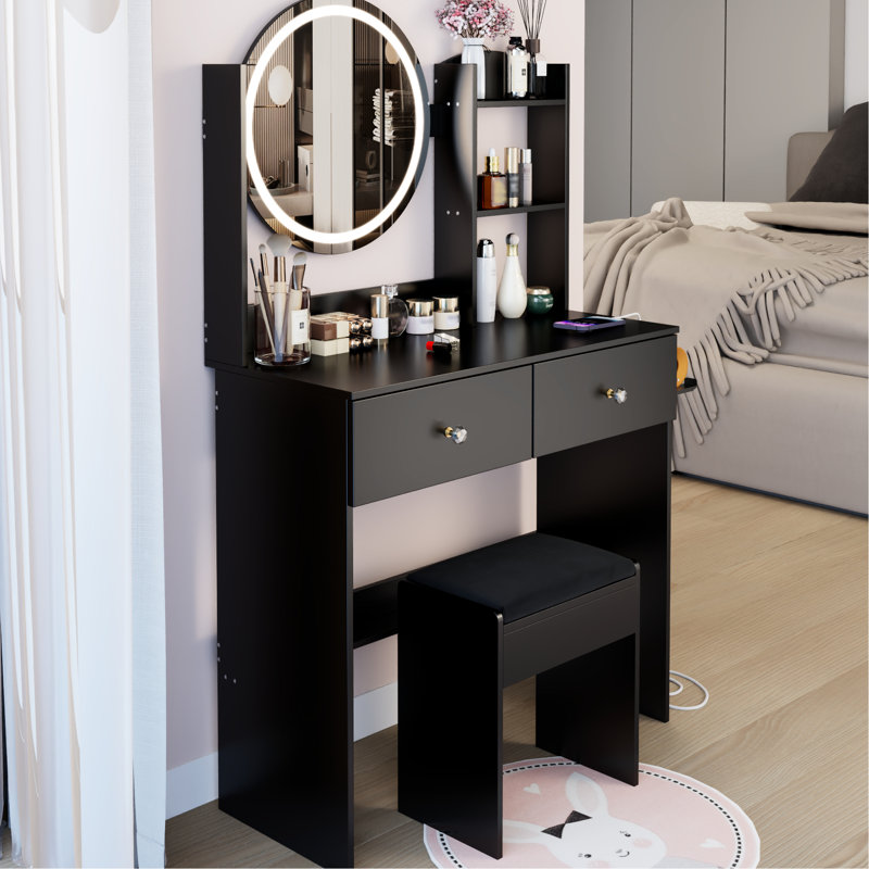 17" Round Vanity Table With Led And Cushioned Stool, 3 - Color Adjustable Brightness, Touch Switch, 2 Ac + Power Sources, Large Desktop, Multi Layer Storage, American Design, Main Material, 31.5 In