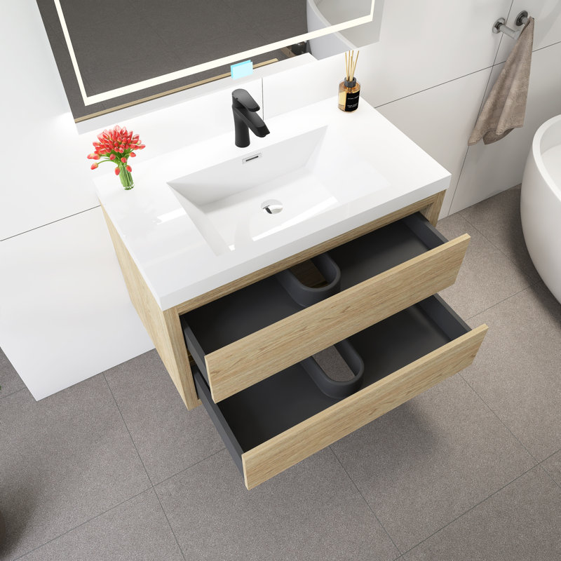Meuble-lavabo mural 36 po avec lavabo, Bois de chêne naturel